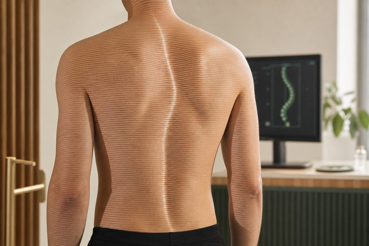 Lichtraster-Projektion auf dem Rücken bei der strahlungsfreien 3D/4D-Wirbelsäulenvermessung.