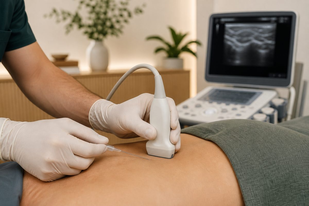 Ultraschallgesteuerte Injektionsbehandlung am unteren Rücken.